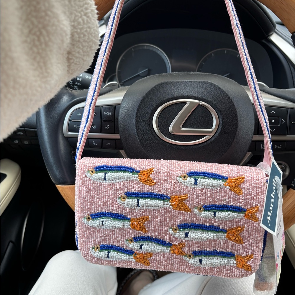 Anthropologie Pink Beaded Fish Shoulder Bag